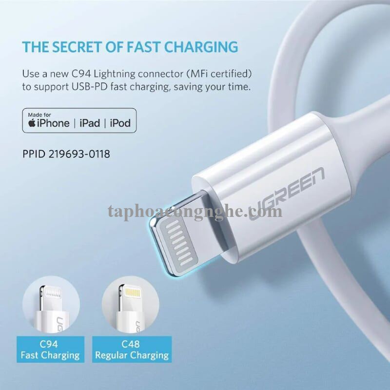 Ugreen 60747 0.5M màu Trắng Cáp sạc + truyền dữ liệu Lightning sang Type C US171 30060747